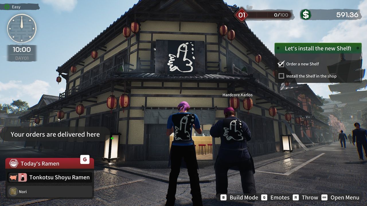 Two players at the shop, delivery crates waiting outside.