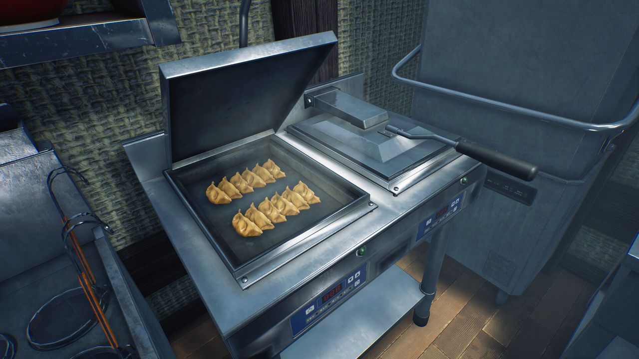 Twelve gyoza on the grill, mid-service. The Day-1 build reworked how the kitchen runs around items like this.