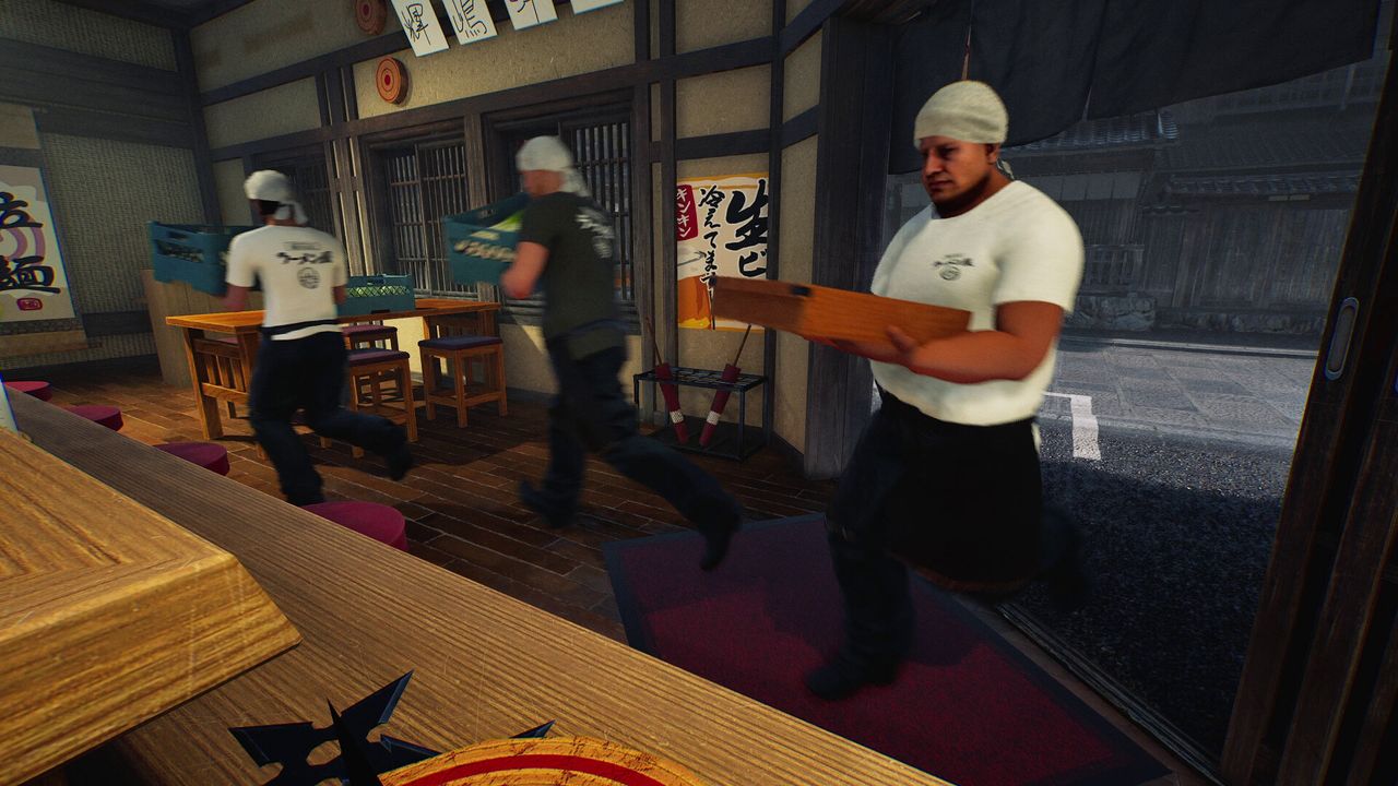 Staff sprinting through a busy shop with crates during service.