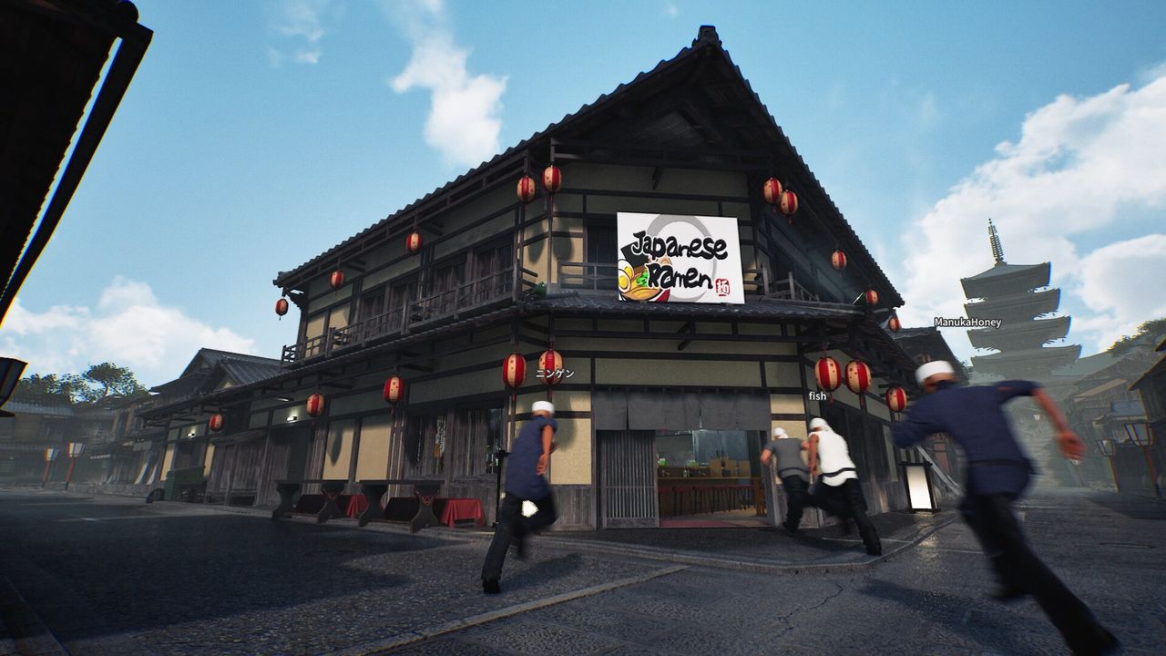 The street outside your ramen shop, with lanterns lit for service.