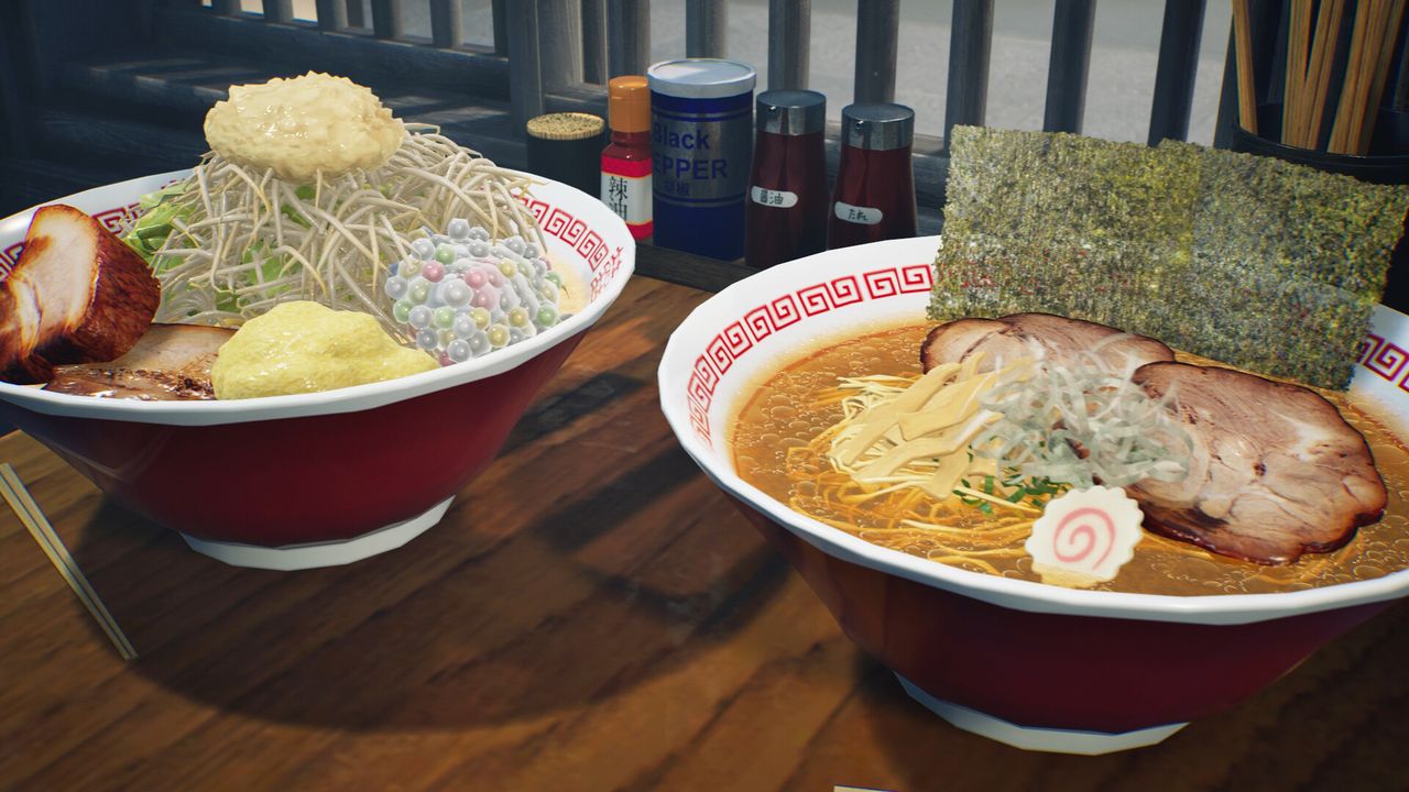 Two bowls side by side with the condiment rail: shoyu, tare, chili oil, black pepper.